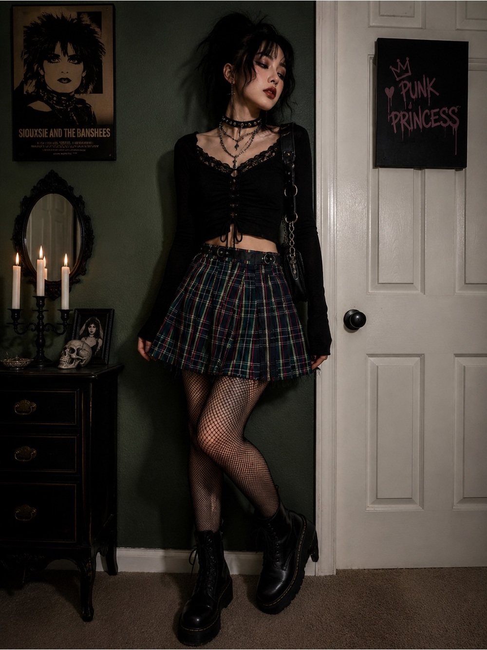 Dolls Kill Black & Green Plaid Pleated Mini Skirt